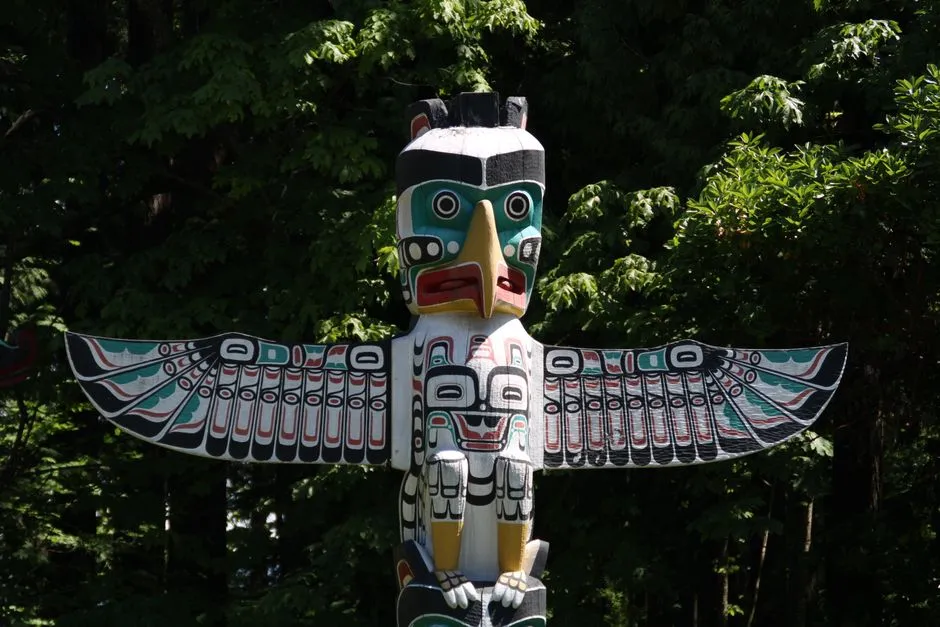 Totem poles in a coastal park